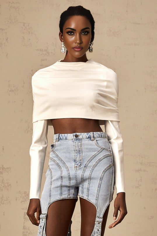 Skye White Cropped Top with Long Sleeves and Cowl Neck