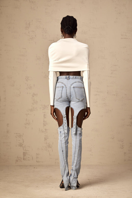 Skye White Cropped Top Long Sleeve Cowl Neck Ruched Detailing