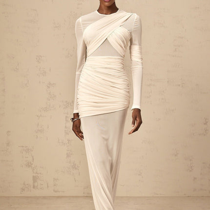 Skye White Maxi Dress with Ruched Detailing and Tulle Overlay