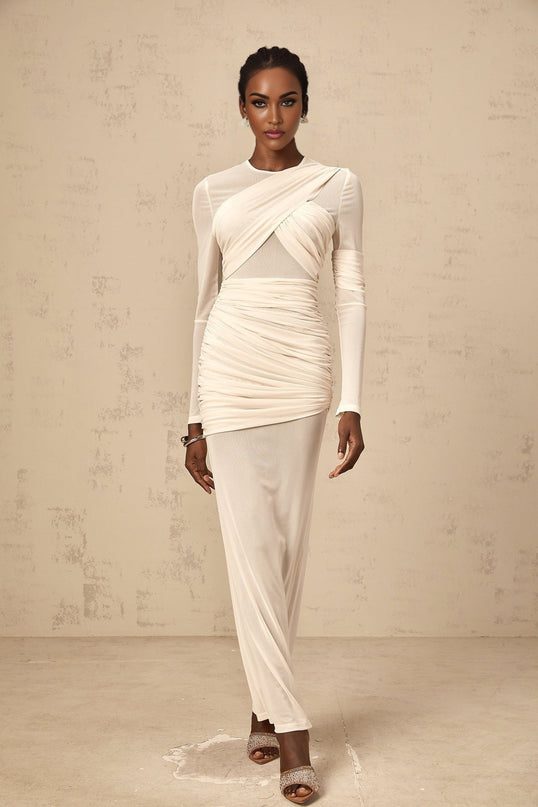 Skye White Maxi Dress with Ruched Detailing and Tulle Overlay