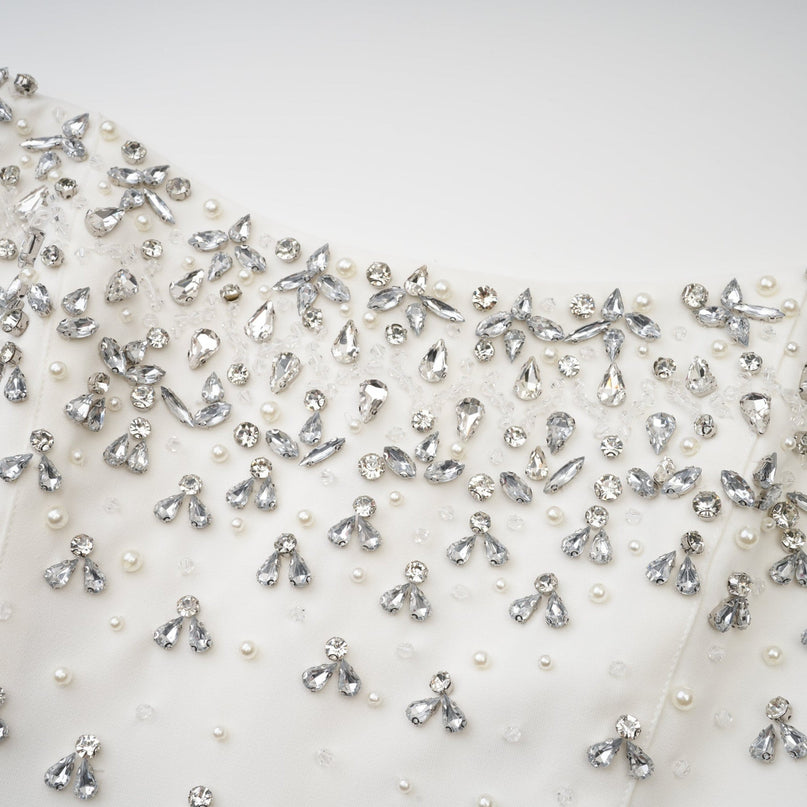 Skye White Off-Shoulder Midi Dress with Pearl and Crystal Embellishments