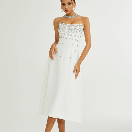Skye White Off-Shoulder Midi Dress with Handmade Pearls and Crystals