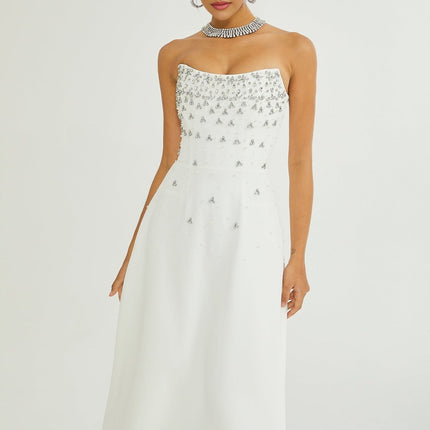 Skye White Off-Shoulder Midi Dress with Handmade Pearls and Crystals