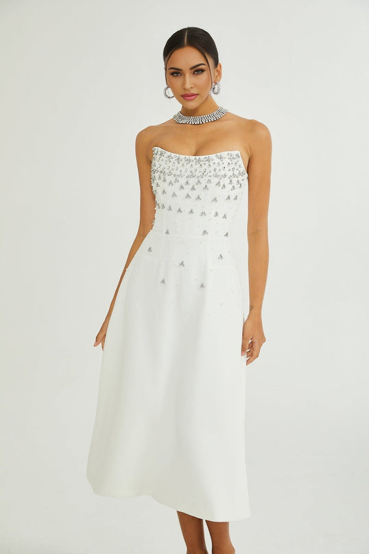 Skye White Off-Shoulder Midi Dress with Handmade Pearls and Crystals