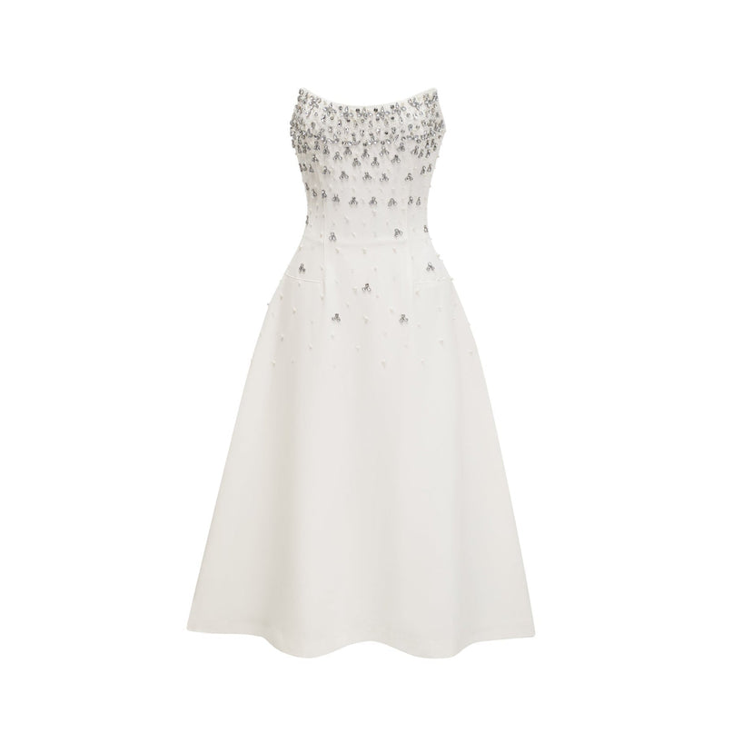 Skye White Off-Shoulder Midi Dress with Handmade Pearls and Crystals