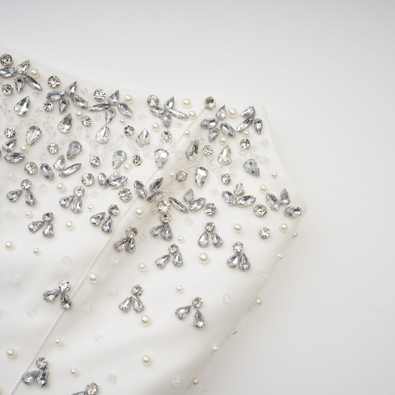 Skye White Off-Shoulder Midi Dress with Handmade Pearls and Crystals