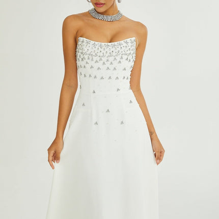 Skye White Off-Shoulder Midi Dress with Handmade Pearls and Crystals