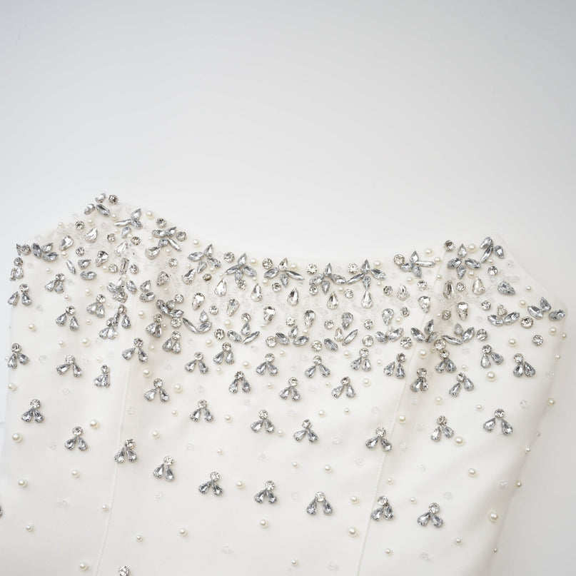 Skye White Off-Shoulder Midi Dress with Handmade Pearls and Crystals