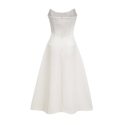 Skye White Off-Shoulder Midi Dress with Handmade Pearls and Crystals