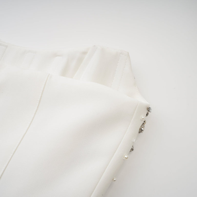 Skye White Off-Shoulder Midi Dress with Handmade Pearls and Crystals