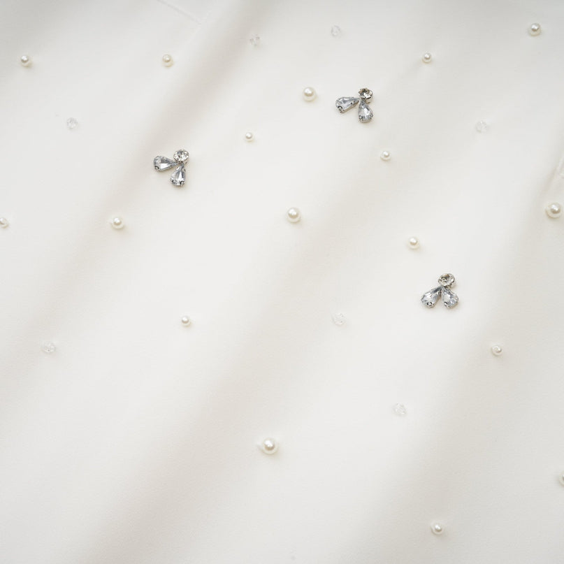 Skye White Off-Shoulder Midi Dress with Handmade Pearls and Crystals Embellishments