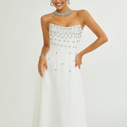 Skye White Off-Shoulder Midi Dress with Embellishments