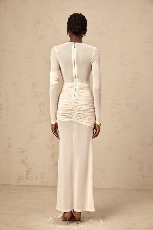 Skye White Skirt Maxi Dress with Ruched Detailing and Tulle Overlay