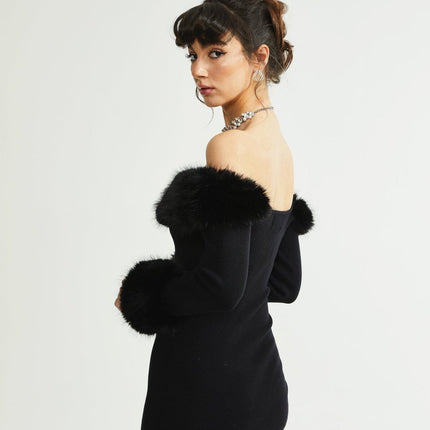 Skylar Black Off-shoulder Mini Dress with Faux-fur Collar and Cuffs in Knitted Fabric