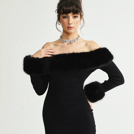 Skylar Black Off-shoulder Mini Dress with Faux-fur Collar and Cuffs
