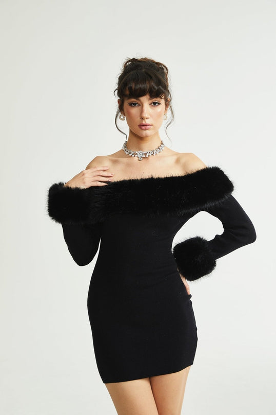 Skylar Black Off-shoulder Mini Dress with Faux-fur Collar and Cuffs