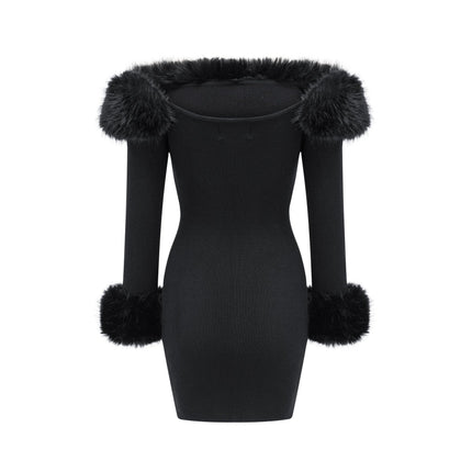 Skylar Black Off-shoulder Mini Dress with Faux-fur Collar and Cuffs