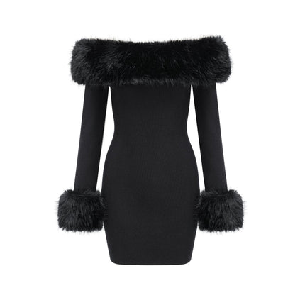 Skylar Black Off-shoulder Mini Dress with Faux-fur Collar and Cuffs