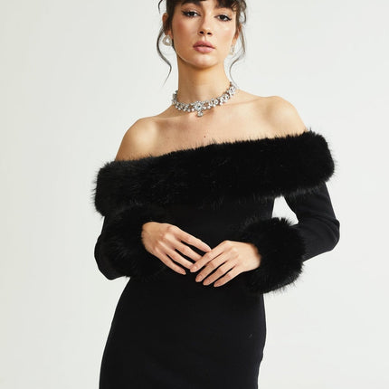 Skylar Black Off-shoulder Mini Dress with Faux-fur Collar and Cuffs