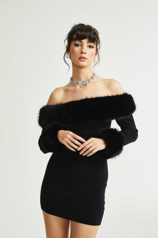 Skylar Black Off-shoulder Mini Dress with Faux-fur Collar and Cuffs