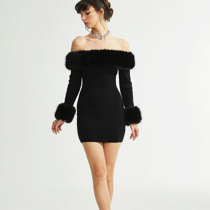 Skylar Black Off-shoulder Mini Dress with Faux-fur Collar and Cuffs