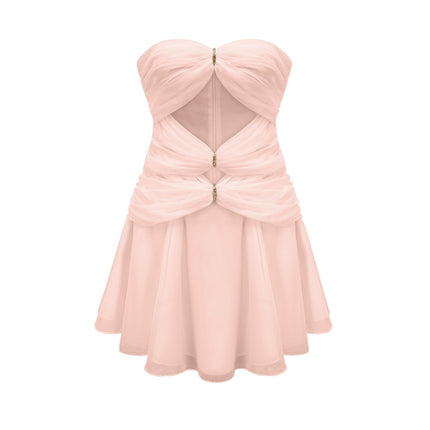 Skylar Pink Crystal Pleated Mini Dress Polyester Cotton Off Shoulder Cut Out Rear Zip