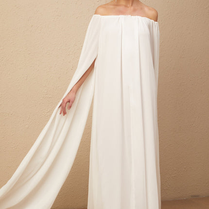 Skylar White Maxi Dress with Cape Design and Draped Tulle Detailing