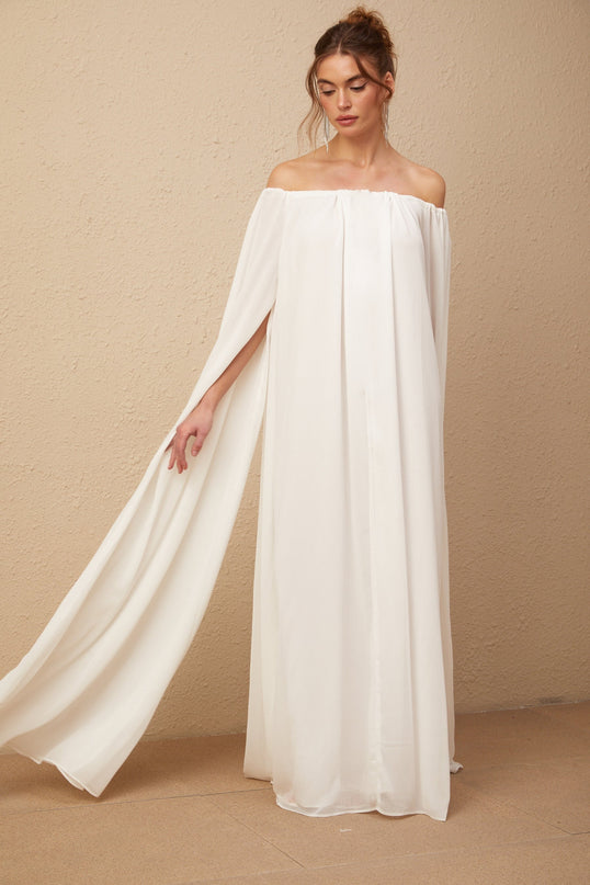 Skylar White Maxi Dress with Cape Design and Draped Tulle Detailing