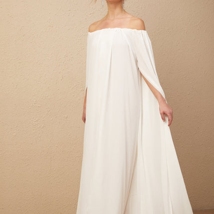 Skylar White Maxi Dress with Cape Design and Draped Tulle Detailing