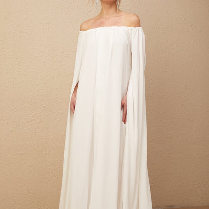Skylar White Maxi Dress with Cape Design and Draped Tulle Detailing