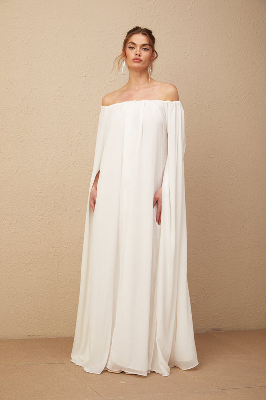 Skylar White Maxi Dress with Cape Design and Draped Tulle Detailing