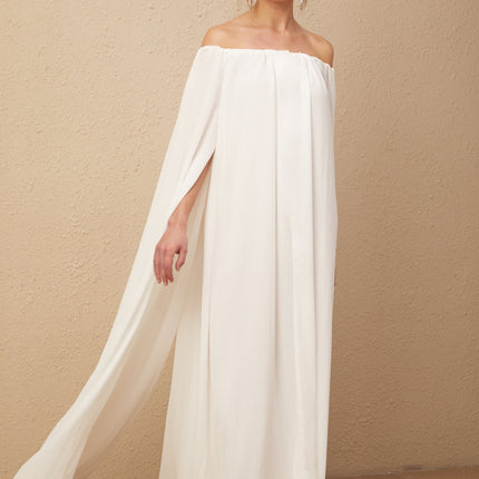 Skylar White Maxi Dress with Cape Design and Draped Tulle Detailing