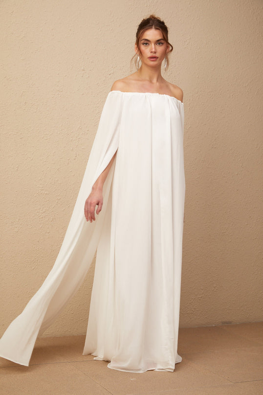 Skylar White Maxi Dress with Cape Design and Draped Tulle Detailing