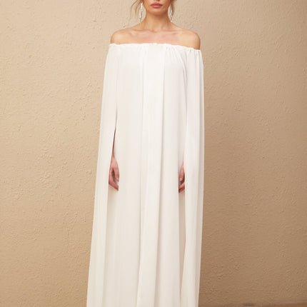 Skylar White Maxi Dress with Cape Design and Draped Tulle Detailing