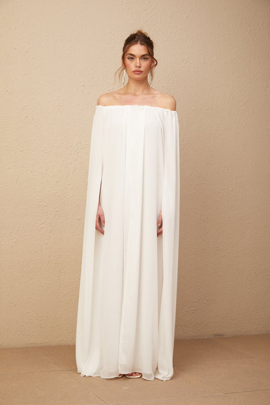 Skylar White Maxi Dress with Cape Design and Draped Tulle Detailing