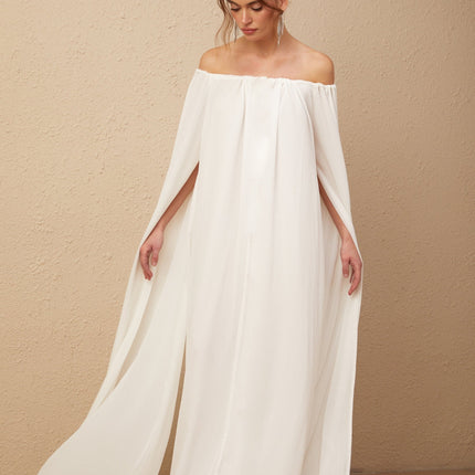 Skylar White Maxi Dress with Cape Design and Draped Tulle Detailing