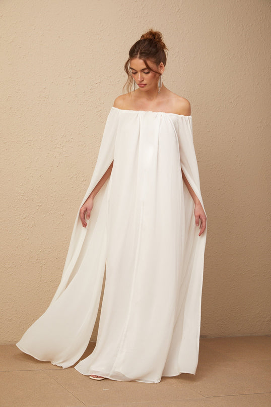Skylar White Maxi Dress with Cape Design and Draped Tulle Detailing