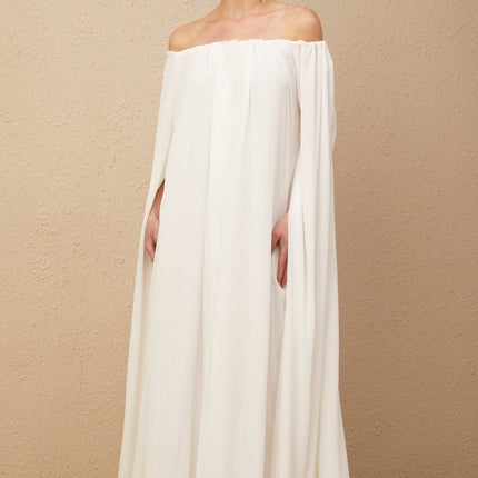 Skylar White Maxi Dress with Cape Design and Draped Tulle Detailing