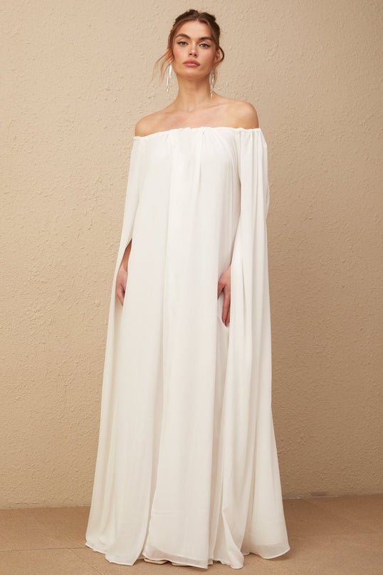 Skylar White Maxi Dress with Cape Design and Draped Tulle Detailing