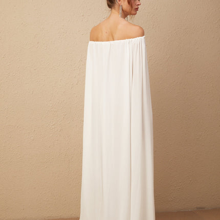 Skylar White Maxi Dress with Cape Design and Draped Tulle Detailing