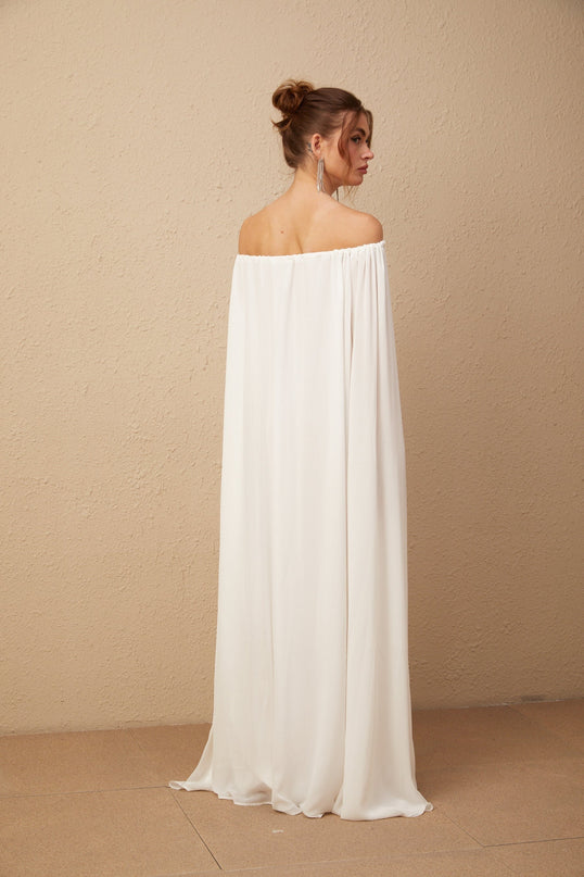 Skylar White Maxi Dress with Cape Design and Draped Tulle Detailing