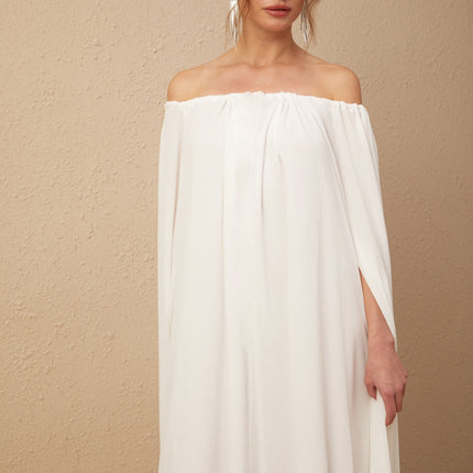 Skylar White Maxi Dress with Cape Design and Draped Tulle Detailing