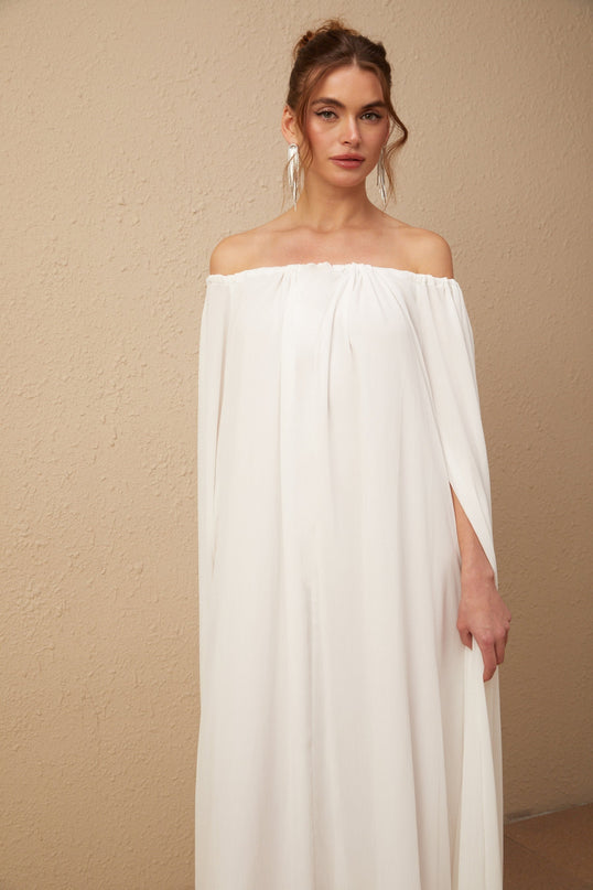 Skylar White Maxi Dress with Cape Design and Draped Tulle Detailing