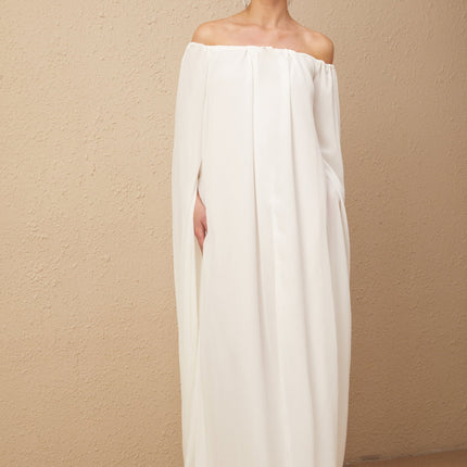 Skylar White Maxi Dress with Cape Design and Draped Tulle Detailing
