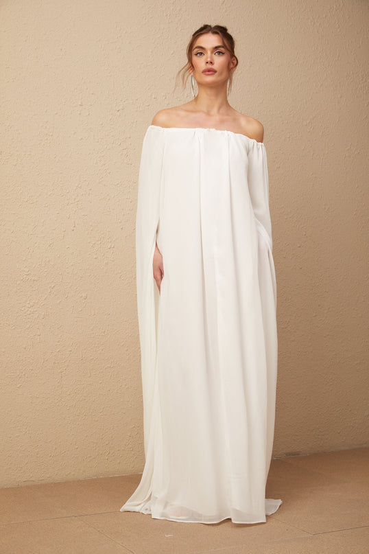 Skylar White Maxi Dress with Cape Design and Draped Tulle Detailing
