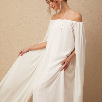 Skylar White Maxi Dress with Cape Design and Draped Tulle Detailing