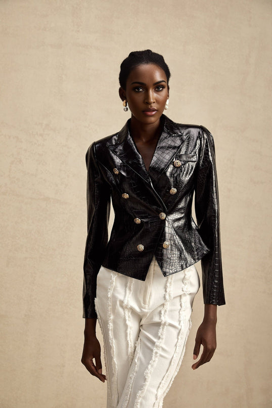 Sleek black leather jacket with cinched waist design named Elodie