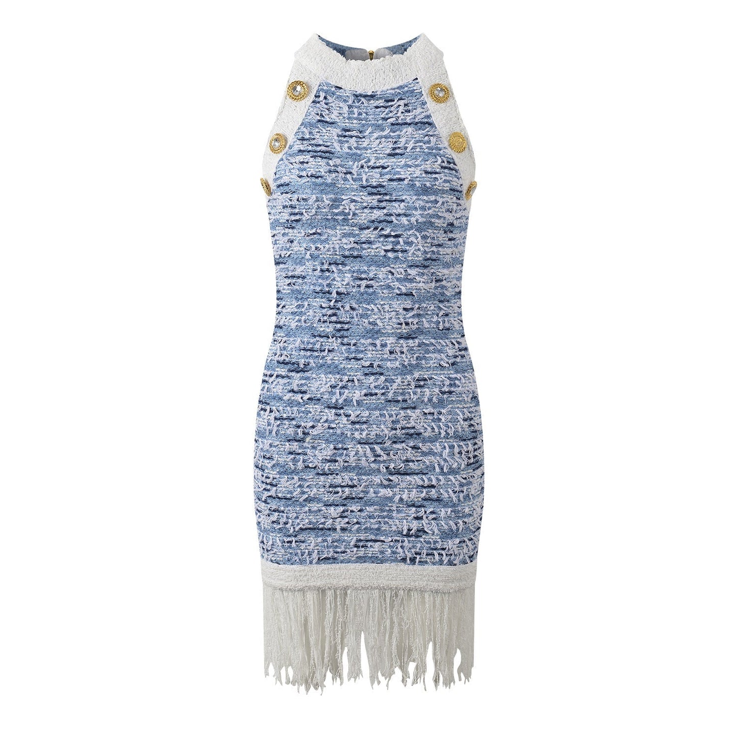 Sleek blue and white fringe hem mini dress with gold buttons