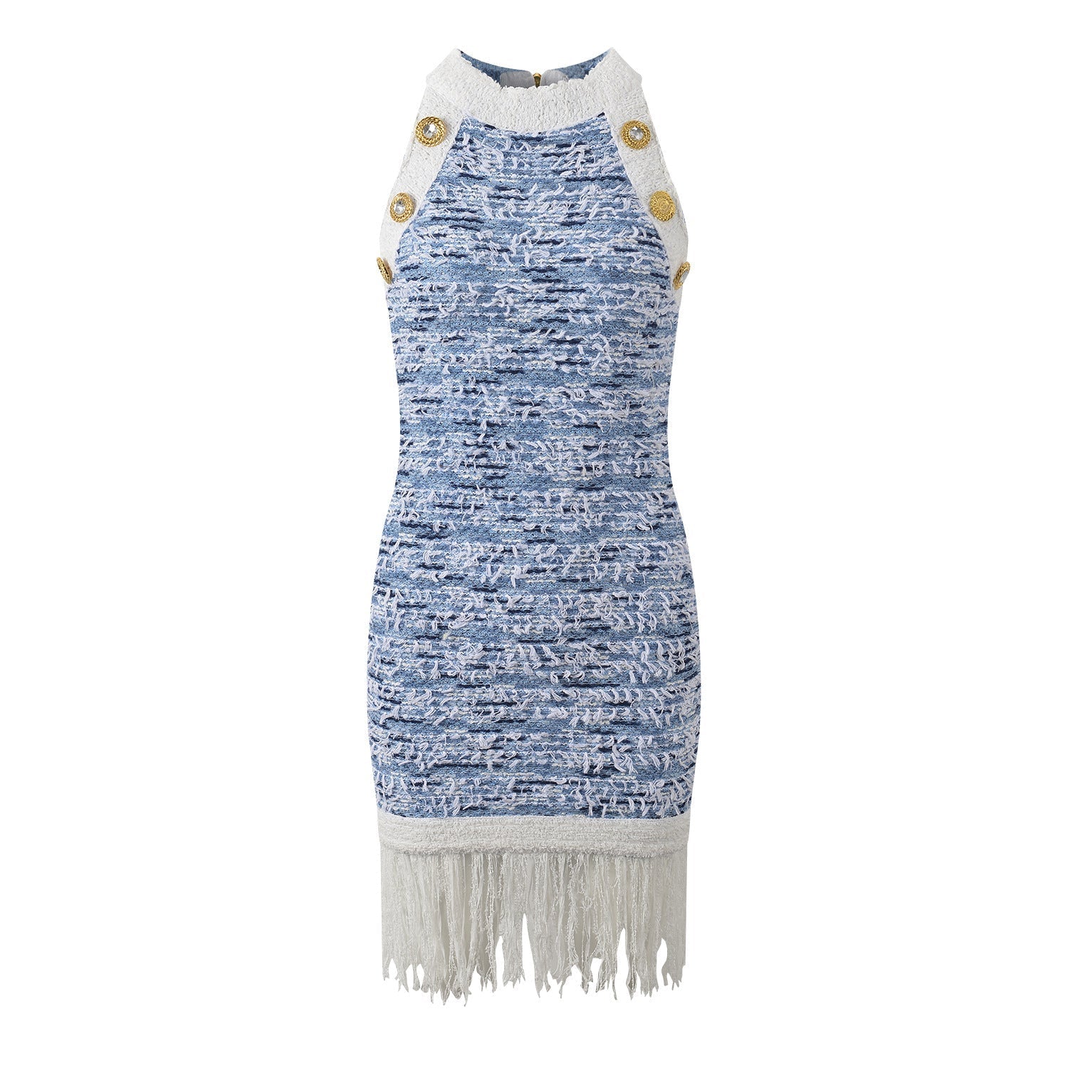 Sleek blue and white fringe hem mini dress with gold buttons
