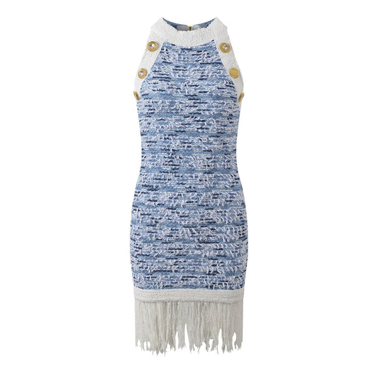 Sleek blue and white fringe hem mini dress with gold buttons